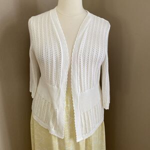 Kim Rogers White crochet Open-Front 2X Cardigan, 3/4 sleeve